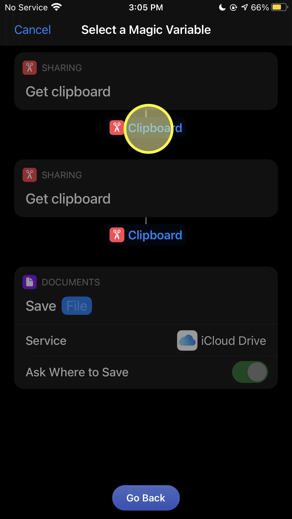 Select output of first action