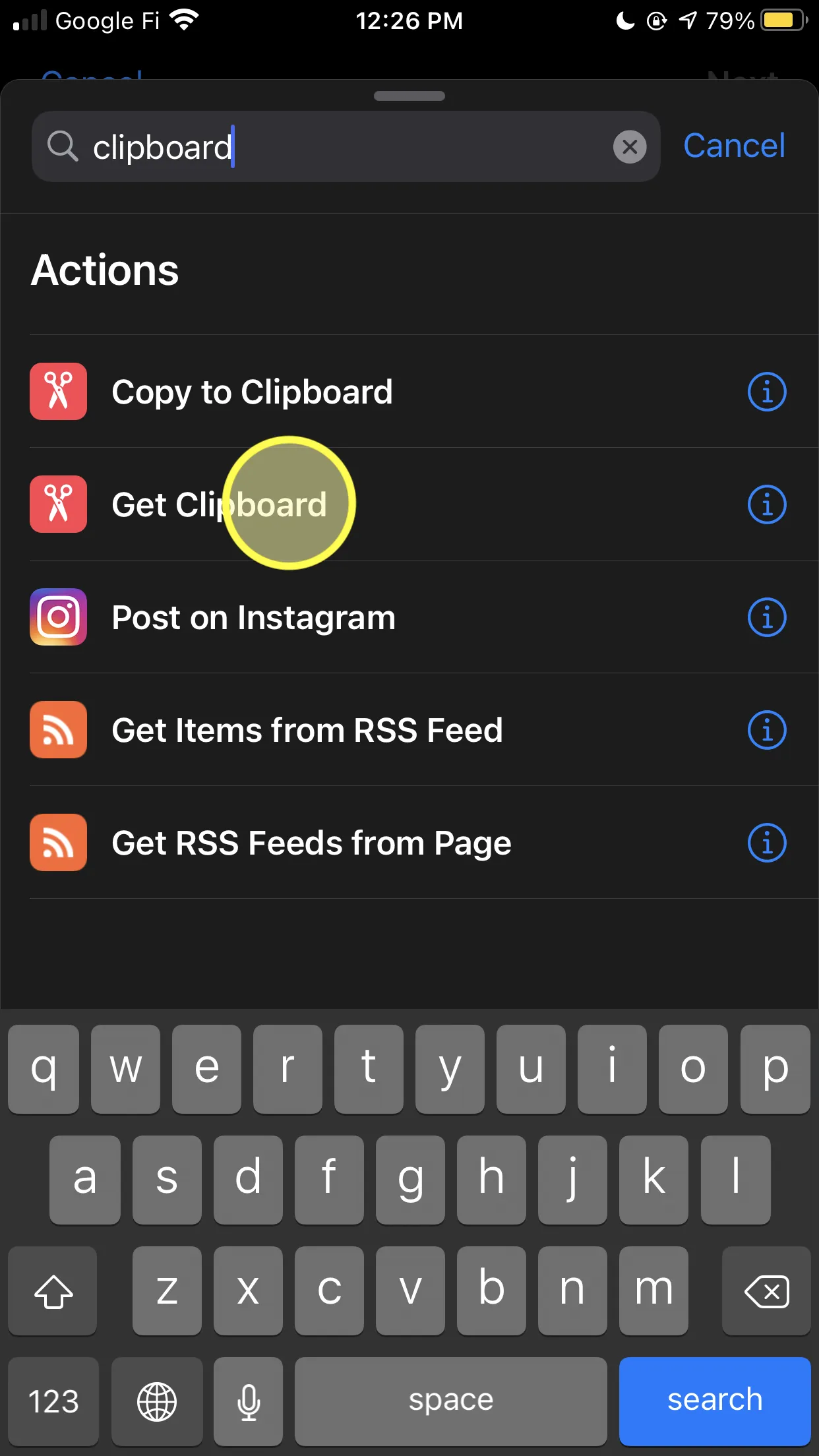 \3. Type in “clipboard” and select “Get Clipboard”
