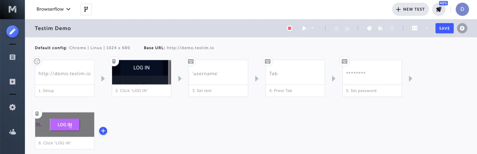 Hovering over arrow icons between steps transforms them into add buttons.