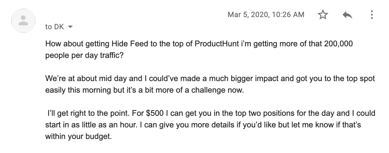From the time I launched Hide Feed on Product Hunt.