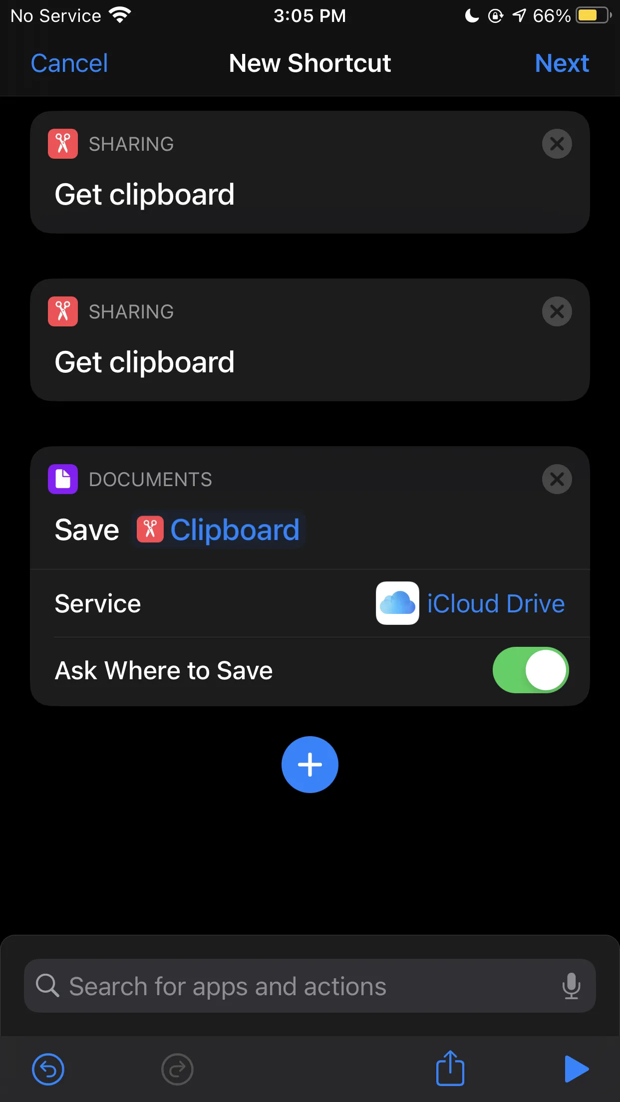 Done! (Notice that the line connecting the second Get Clipboard action and the Save File is no longer there)